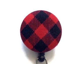 Gingham Badge Reel,  Retractable Badge Holder, Red & Black Buffalo Plaid Badge Pull, Name Tag Holder, Badge Pull, Nurse Id Badge Clip, Gift