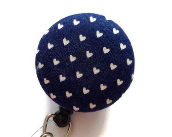Navy Mini Hearts Retractable ID Badge Holder, Name Tag Holder, RN Badge Reel, Id Badge Clip, Badge Pull, Gift For Her, Gift Under 10