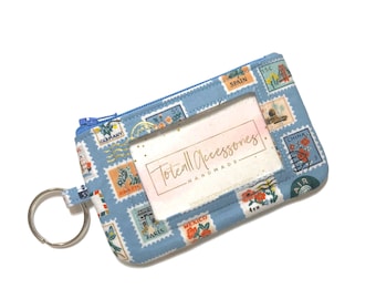 Rifle Paper Co Bon Voyage Blue Keychain Id Wallet, Student Id Holder, Zipper Coin Purse, Postage Stamp Print, Credit Card Case, Slim Wallet