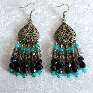 Black Green and Gray Shabby Chic Chandelier Earrings, Boho Chandelier Earrings, Beaded Bohemian Earrings, Boho Jewelry, Antiqued Bronze