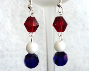 Red White and Blue 4th of July Dangle Earrings, Patriotic Earrings, Patriotic Jewelry, Two Tiered Dangle Earrings, Holiday Earrings