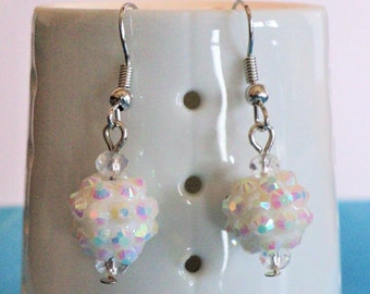 Rhinestone Resin Dangle Earrings, Disco Ball Earrings, White Snowball Earrings, Holiday Earrings, 4th of July Jewelry, Gift For Her