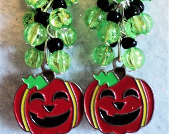 Pumpkin Earrings, Halloween Earrings, Cluster Earrings, Green Orange Black, Halloween Jewelry, Pumpkin Jewelry, Fall Jewelry, Fall Earrings