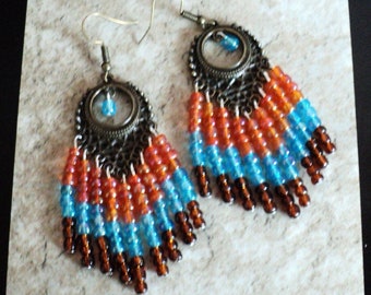 Antiqued Bronze Chandelier Earrings, Beaded Chandelier Earrings, Orange Blue and Brown, Boho Chandelier Earrings, Boho Chic Jewelry, Gift