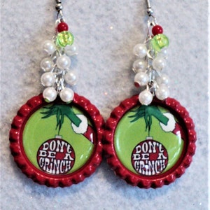 Red Green and White Bottle Cap Christmas Earrings, Festive Christmas Jewelry, Christmas Gift For Her, Fun Holiday Jewelry, Festive Accessory