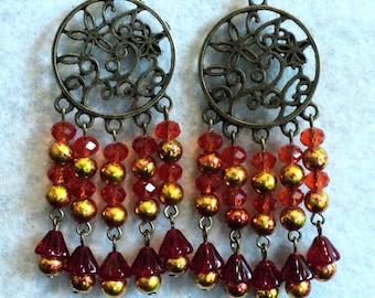 Beaded Chandelier Earrings, Glass and Crystal Boho Chandelier Earrings, Red and Gold, Shabby Chic Earrings, Fall Earrings - Fall Passion