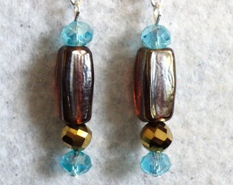 Dangle Earrings, Glass and Crystal Dangle Earrings, Traditional Earrings, Beach Dangle Earrings, Blue and Brown, Gift For Her, Beach Jewelry