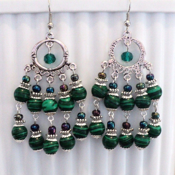 Chandelier Earrings, Glass and Crystal Beaded Boho Earrings, Shabby Chic Earrings, Gypsy Earrings, Double Tiered Earrings - Emerald Garden