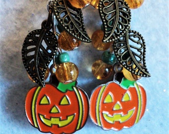 Pumpkin Earrings, Fall Earrings, Halloween Earrings, Yellow Green Orange, Fall Leaf Earrings, Pumpkin Patch Earrings, Pumpkin Jewelry, Leaf