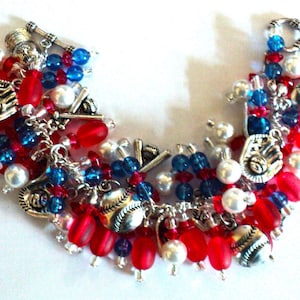 Red White and Blue Baseball Bracelet, Beaded Charm Bracelet, Baseball Jewelry, Cha Cha Bracelet, Chicago Baseball Gift, Jewelry Gift For Her