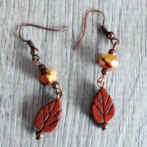 Fall Leaf Dangle Earrings, Antiqued Copper Leaf Earrings, Crystal and Copper Autumn Jewelry, Two Tiered Leaf Dangle Earrings, Fall Leaves image 1