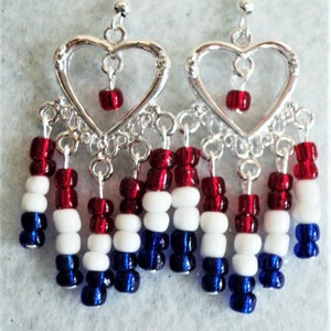 Red White and Blue Beaded Patriotic Chandelier Earrings, 4th of July Earrings, Memorial Day Earrings, Patriotic Jewelry Accessory