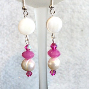Valentine&#39;s Day Mother of Pearl Dangle Earrings, Hot Pink and Pearl White Earrings, Valentine&#39;s Day Jewelry Gift For Her - Pink Peony