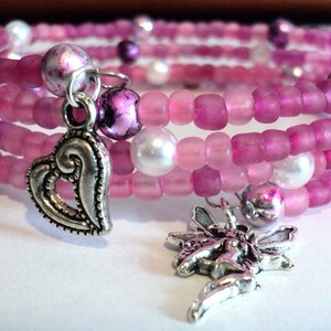 Pink Purple and White Heart Valentine&#39;s Day Memory Wire Charm Bracelet, Beaded Jewelry Gift For Her, Fairy Charm Bracelet, Jewelry Accessory