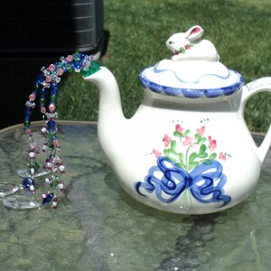 Beaded Bunny Teapot: Upcycled Floral Decor, Spring Centerpiece