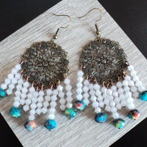 White and Bronze Rustic Chandelier Earrings, Boho Hippie Chandelier Earrings, Floral Filigree Earrings, Jewelry Gift For Her, Accessory