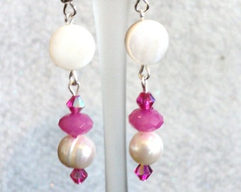 Mother of Pearl Dangle Earrings, Hot Pink and Pearl Earrings, Two Tiered Dangle Earrings, Summer Earrings, Wedding Earrings - Pink Peony