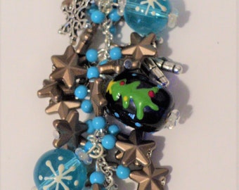 Festive Winter Handbag Charm, Christmas Tree and Snowflakes, Blue Turquoise and Bronze, Handbag Accessory, Handbag Decoration, Beaded Decor