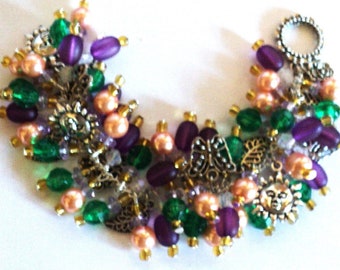 Spring Charm Bracelet, Easter Bracelet, Spring Jewelry, Purple Green Gold Peach, Sun Butterflies Leaves, Spring Accessory, Cha Cha Bracelet