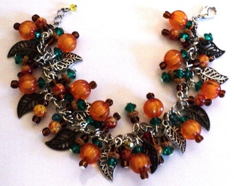 Pumpkin Charm Bracelet, Fall Charm Bracelet, Pumpkins and Fall Leaves, Fall Jewelry, Orange Brown Green Beige, Cha Cha Bracelet, Fall Gift