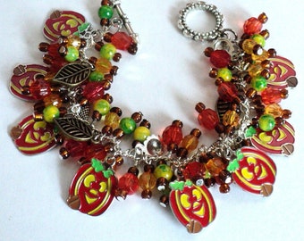 Fall Pumpkin Charm Bracelet, Orange Brown Green & Yellow Beads With Bronze Leaves
