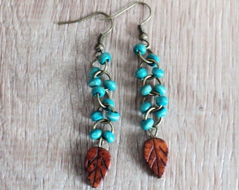 Fall Leaf Dangle Earrings, Turquoise and Brown Leaf Earrings, Fall Jewelry, Traditional Earrings, Seasonal Earrings, Rustic Woodland Jewelry