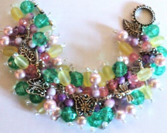 Spring Charm Bracelet, Floral Charm Bracelet, Butterflies Dragonflies Leaves, Pink Yellow Green Purple, Beaded Bracelet, Spring Jewelry