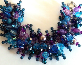 Chunky Beaded Bracelet, Blue & Purple Glass And Acrylic Beads - Mystical Mermaid