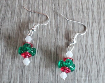Christmas Earrings, Red White and Green, Dangle Earrings, Beaded Earrings, Holiday Jewelry, Christmas Gift For Her, Retro Dangle Earrings