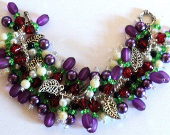 Spring Charm Bracelet, Purple Violet Beaded Bracelet, Floral Bracelet, Spring Floral Jewelry, Purple Green Red White, Cha Cha Bracelet