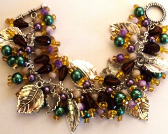 Fall Charm Bracelet, Fall Leaves Bracelet, Cha Cha Bracelet, Purple Brown Green Gold, Fall Jewelry, Fall Leaves Jewelry, Autumn Leaves