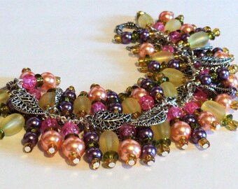 Spring Charm Bracelet, Spring Floral Bracelet, Spring Leaf Bracelet, Purple Yellow Green Peach, Spring Jewelry, Cha Cha Bracelet, Flowers