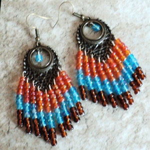 Orange Blue and Brown Antiqued Bronze Chandelier Earrings, Beaded Chandelier Earrings, Boho Chandelier Earrings, Boho Chic Jewelry, Gift