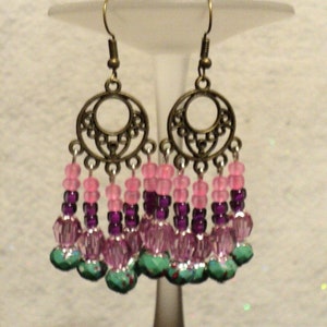 Purple and Pink Chandelier Earrings, Antiqued Bronze Beaded Chandelier Earrings, Shabby Chic Earrings, Bohemian Earrings, Gift For Her