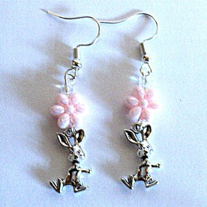 Pastel Pink Floral Easter Bunny Earrings, Beaded Spring Floral Earrings, Easter Bunny Jewelry, Jewelry Gift For Her, Spring Bunny Earrings