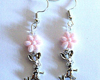 Pastel Pink Floral Easter Bunny Earrings: Beaded Spring Jewelry Accessory