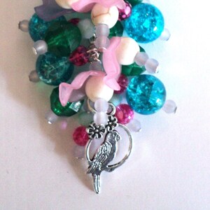 Blue Green Pink Purple and White Beaded Parrot Handbag Charm, Tropical Handbag Charm, Purse Charm Accessory, Decorative Car Mirror Charm