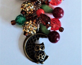 Owl Handbag Charm, Beaded Purse Charm, Car Charm, Beaded Accessory, Orange Green Maroon Brown Gold, Gift For Her, Fall Owl Accessory