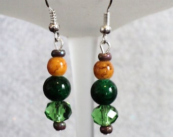 Green and Pumpkin Spice Autumn Dangle Earrings, Glass and Crystal, Autumn Jewelry, Fall Jewelry, Traditional Earrings - Autumn Glow