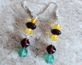 Bumble Bee Earrings, Two Tiered Earrings, Glass and Crystal Earrings, Brown Yellow Green, Summer Earrings, Dangle Earrings - Sunflower