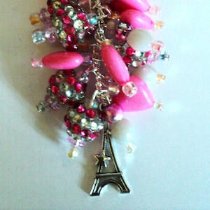 Pink Gray and Clear Eifel Tower Handbag Charm, Paris Car Charm, Beaded Handbag Accessory, I Love Paris, France, Purse Charm, Gift For Her