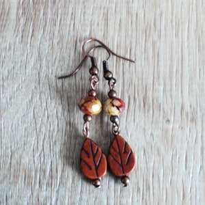 Fall Leaf Dangle Earrings, Antiqued Copper Leaf Earrings, Crystal and Copper Autumn Jewelry, Two Tiered Leaf Dangle Earrings, Fall Leaves image 7