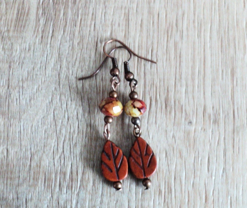 Fall Leaf Dangle Earrings, Antiqued Copper Leaf Earrings, Crystal and Copper Autumn Jewelry, Two Tiered Leaf Dangle Earrings, Fall Leaves image 7