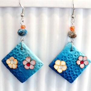Blue Floral Stamped Clay Dangle Earrings, Beaded Spring Floral Earrings, Easter Floral Earrings, Gift For Her, Spring Jewelry Accessory
