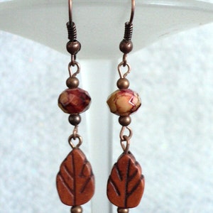 Fall Leaf Dangle Earrings, Antiqued Copper Leaf Earrings, Crystal and Copper Autumn Jewelry, Two Tiered Leaf Dangle Earrings, Fall Leaves image 8