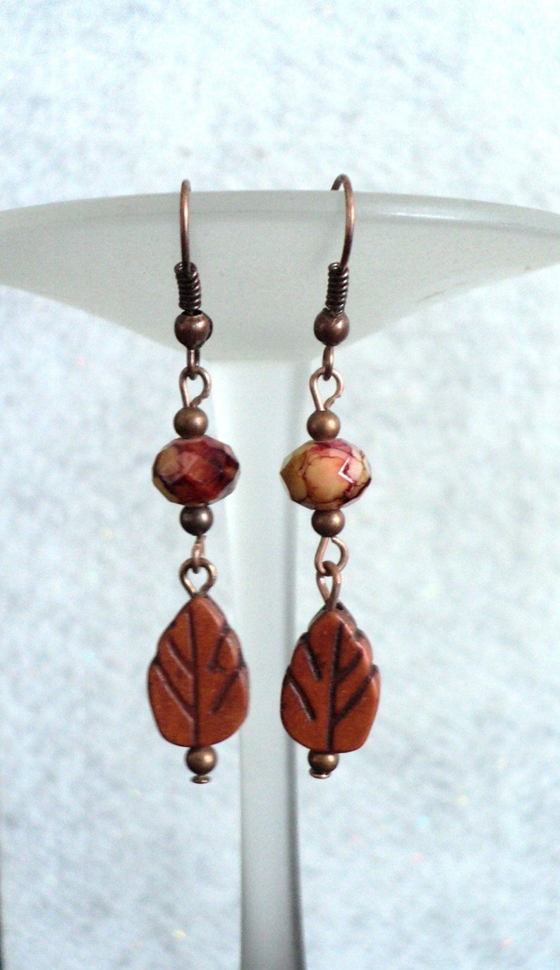 Fall Leaf Dangle Earrings, Antiqued Copper Leaf Earrings, Crystal and Copper Autumn Jewelry, Two Tiered Leaf Dangle Earrings, Fall Leaves image 8