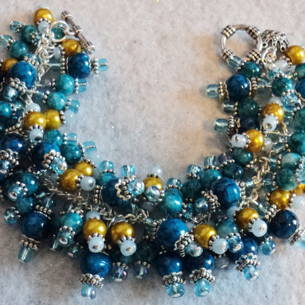 Beaded Charm Bracelet - Turquoise Blue Gold Black - ROYALTY