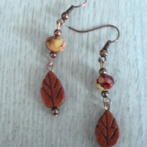 Fall Leaf Dangle Earrings, Antiqued Copper Leaf Earrings, Crystal and Copper Autumn Jewelry, Two Tiered Leaf Dangle Earrings, Fall Leaves image 5