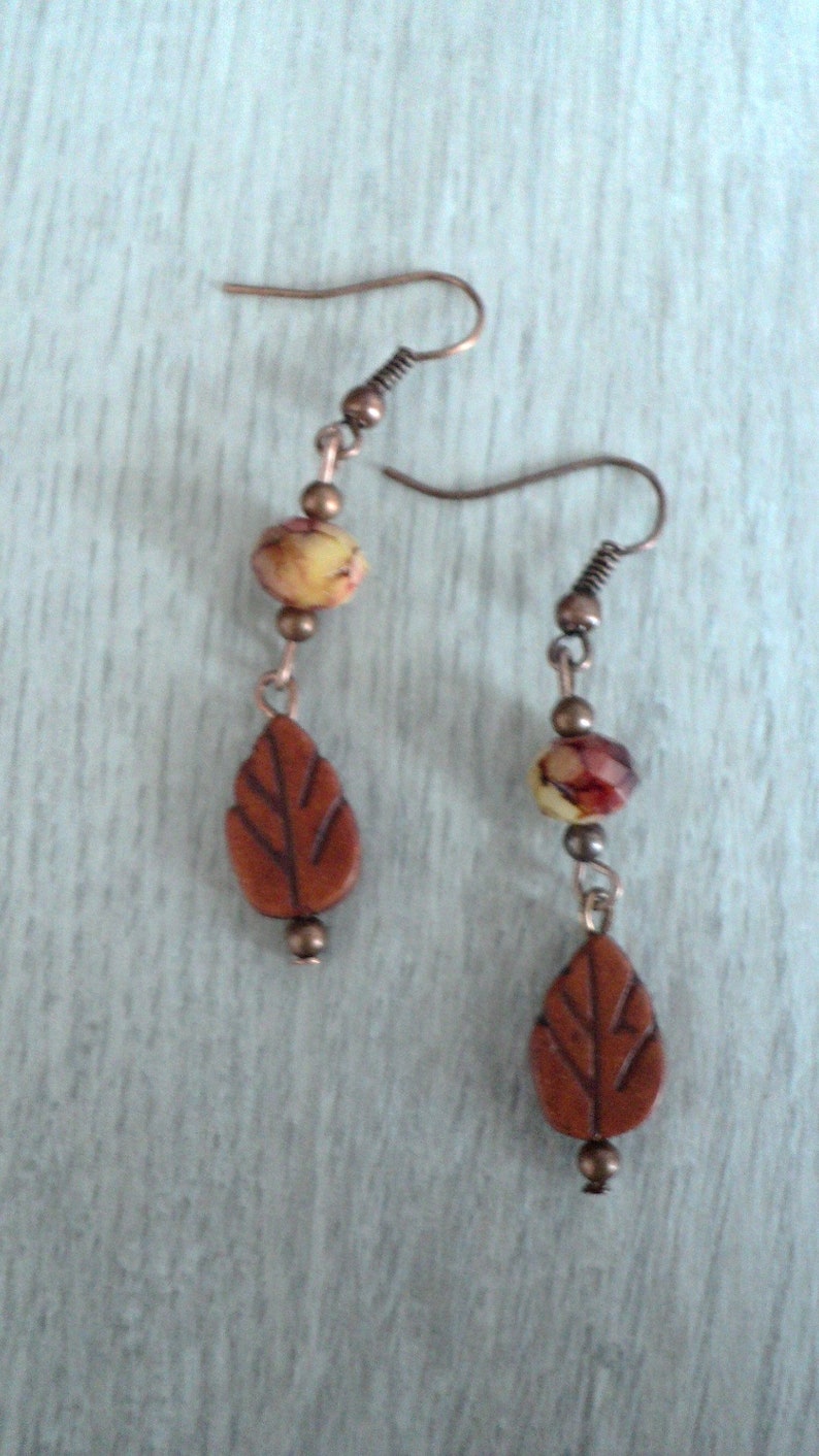 Fall Leaf Dangle Earrings, Antiqued Copper Leaf Earrings, Crystal and Copper Autumn Jewelry, Two Tiered Leaf Dangle Earrings, Fall Leaves image 5