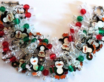 Penguin Charm Bracelet, Christmas Bracelet, Red Green Clear, Christmas Jewelry, Cha Cha Bracelet, Christmas Gift For Her, Christmas Penguin